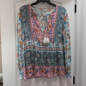 SHEIN Floral Boho Tie-Front Peasant Top in Pink & Light Blue